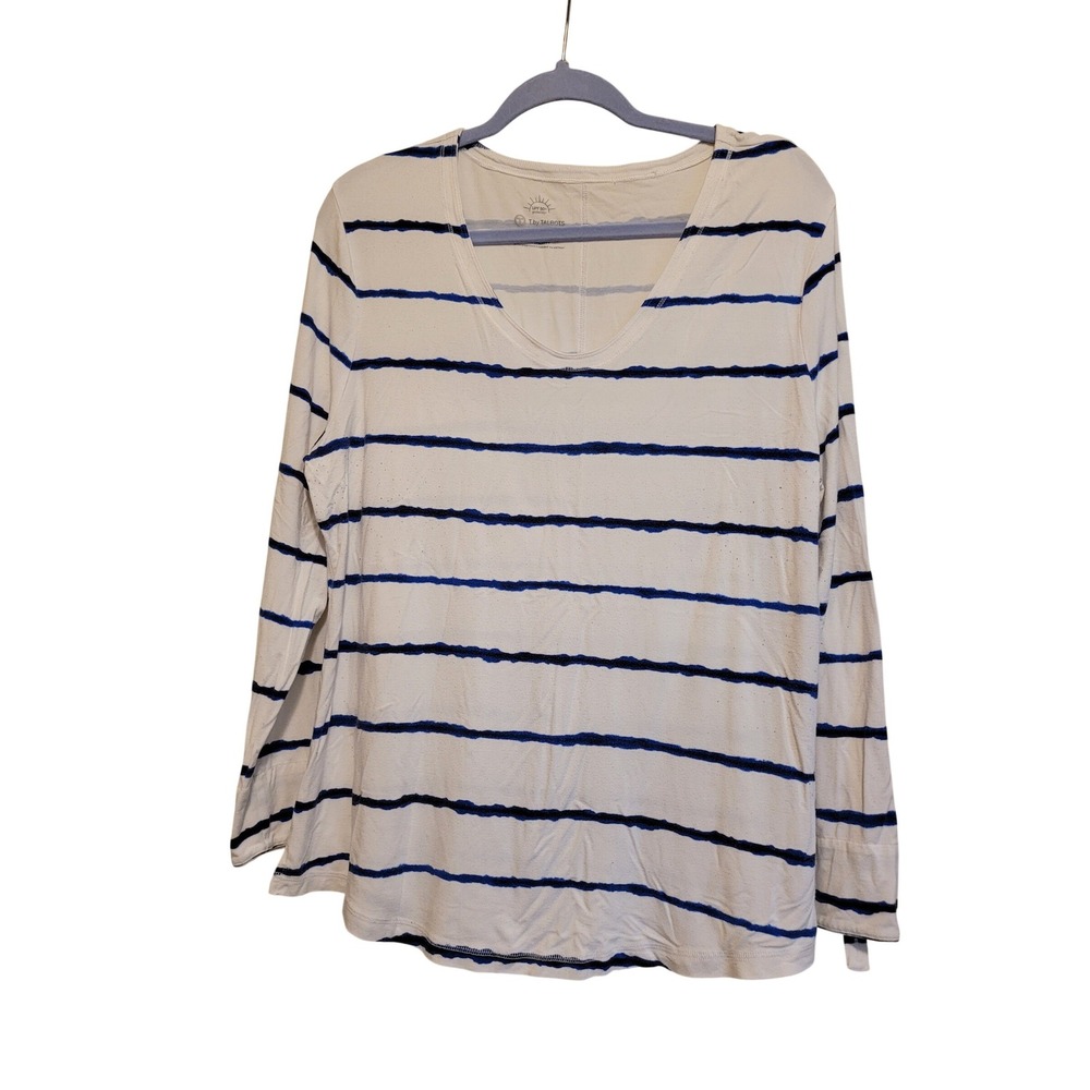 T by Talbots Women XL White Blue Striped UPF 50+ Bamboo V-Neck Long Sleeve Top - Picture 2 of 8